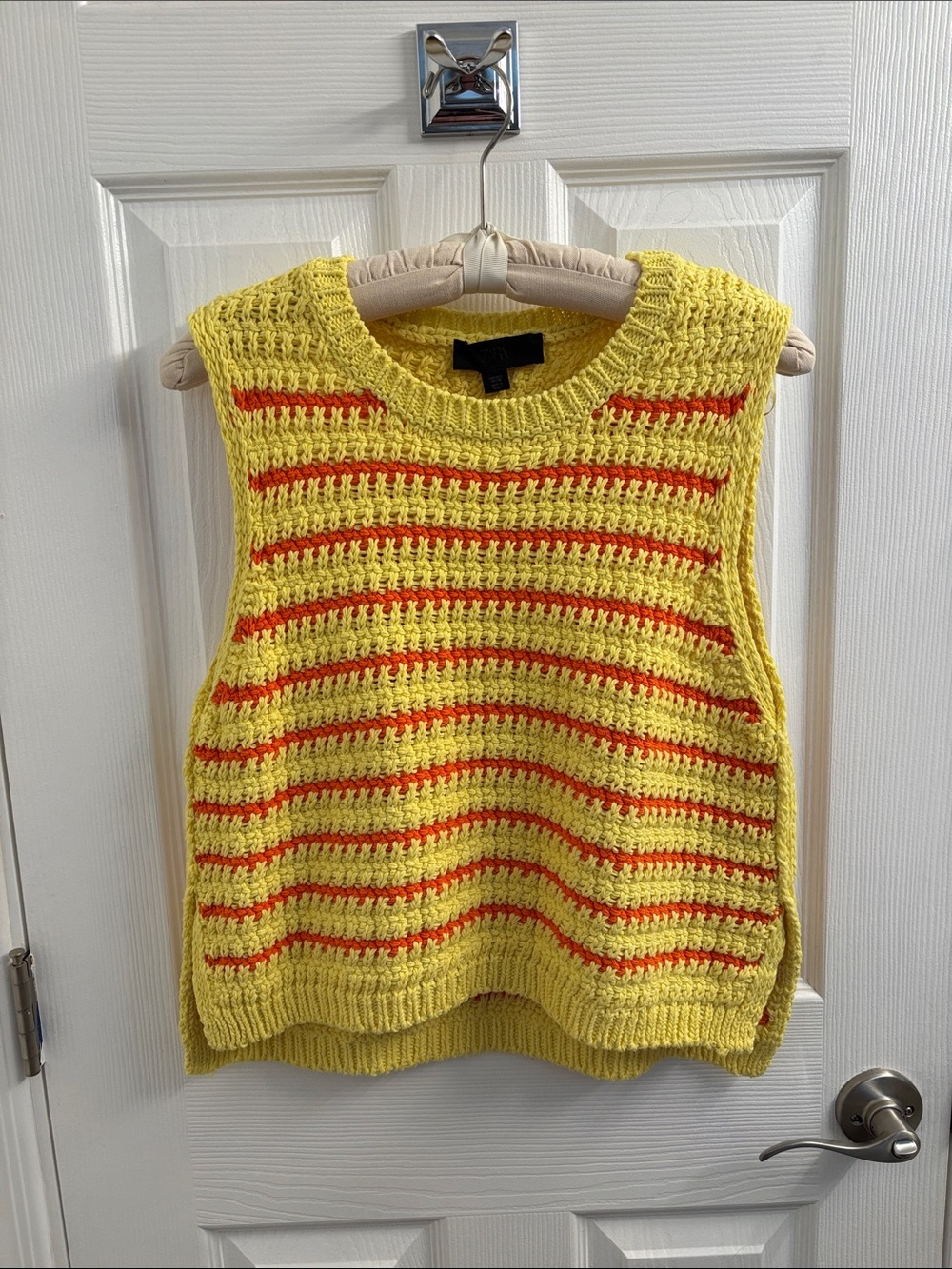 WOW! Women's ZARA Yellow Crochet Stripe Sweater Vest with Red Stripes Size L